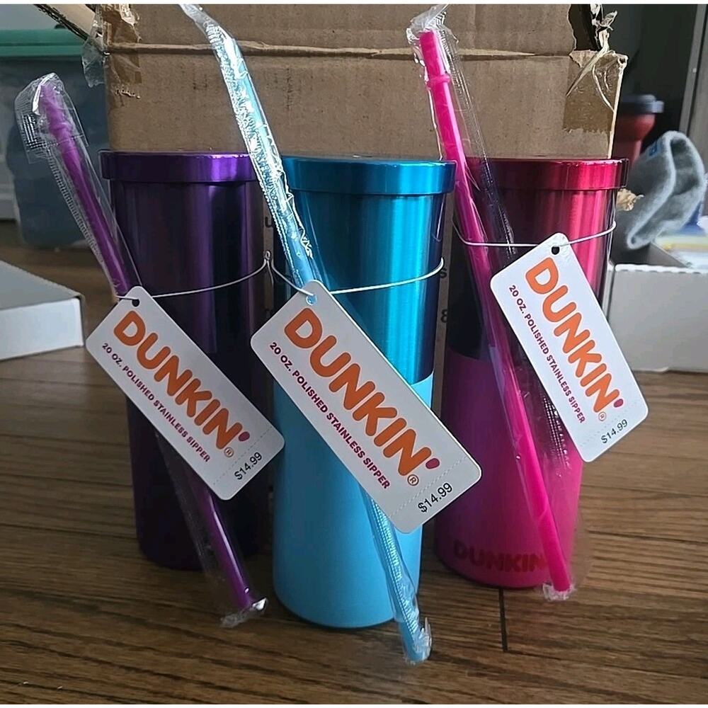 Dunkin 20oz Stainless Steel Tumbler Travel Cup w/ Straw Pink Blue Purple NEW